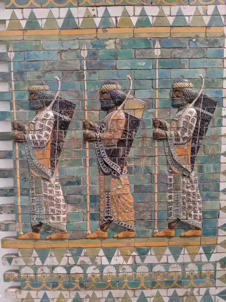Relief at Darius palace, three royal bodyguards with spear, bow and arrow, located at Pergamon museum.